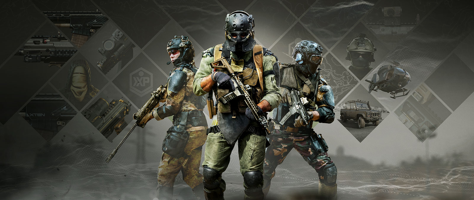 A trio of highly equipped Operators stand in front of a grid of potential upgrade options.