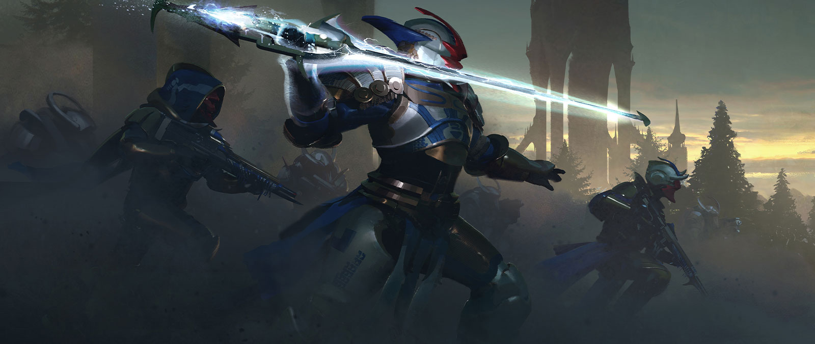An armored warrior prepares to throw an electrified javelin on the battlefield. 