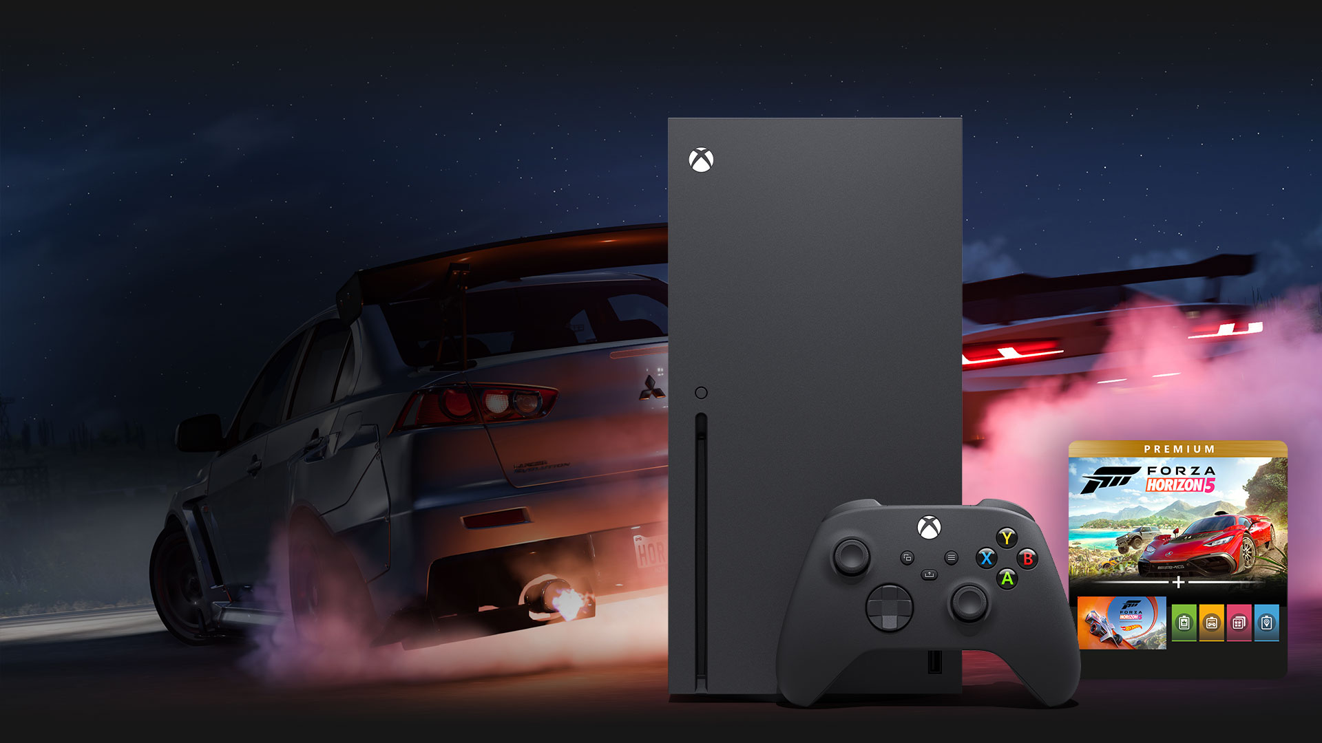 Two cars race behind an Xbox Series X with the Forza Horizon 5 Premium Edition.