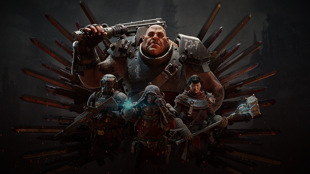 A squad of armoured characters pose in front of a blade motif.