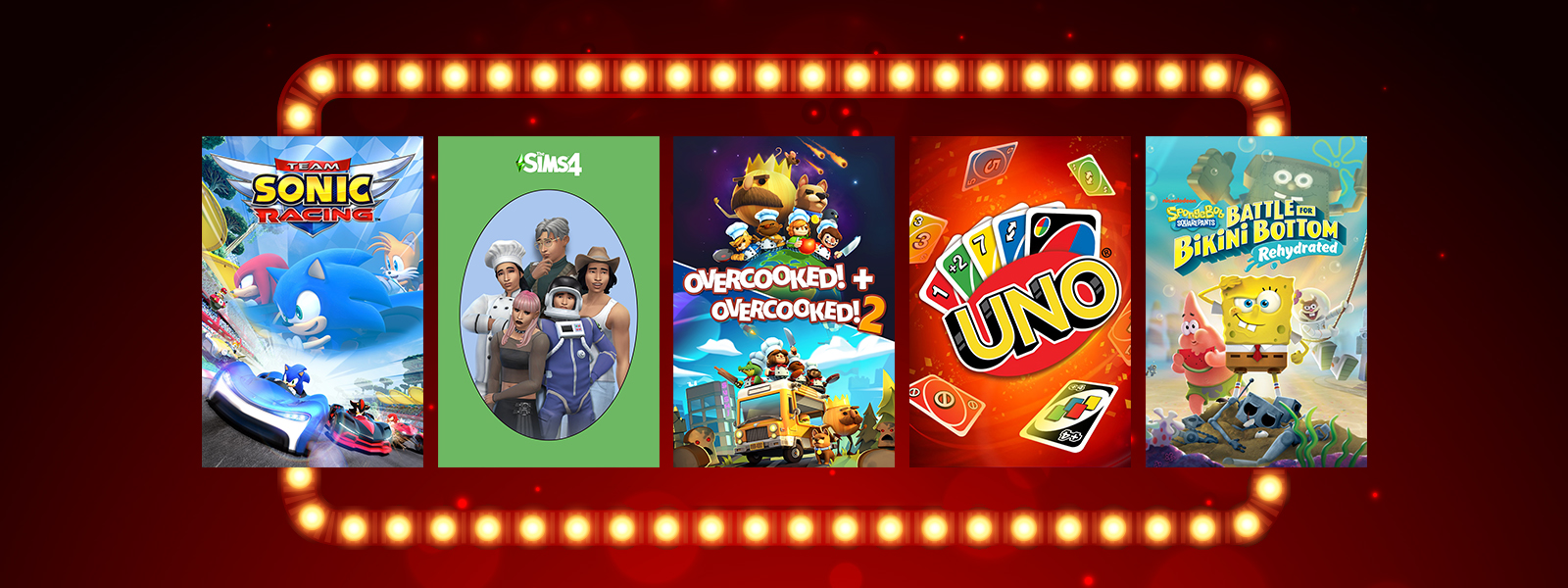 A collection of games that are part of the Family Time Sale, including Sonic Racing, Sims 4, Overcooked! + Overcooked 2, Uno, and Battle Bikini Bottom