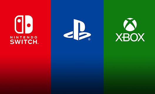 Logo's voor Nintendo Switch, Sony Playstation en Xbox.