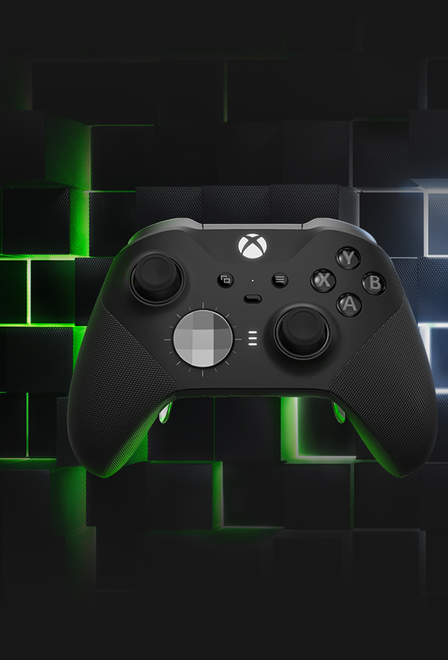 Mando inalámbrico Xbox Elite Series 2 negro delante de un patrón de un brillante cubo de neón.