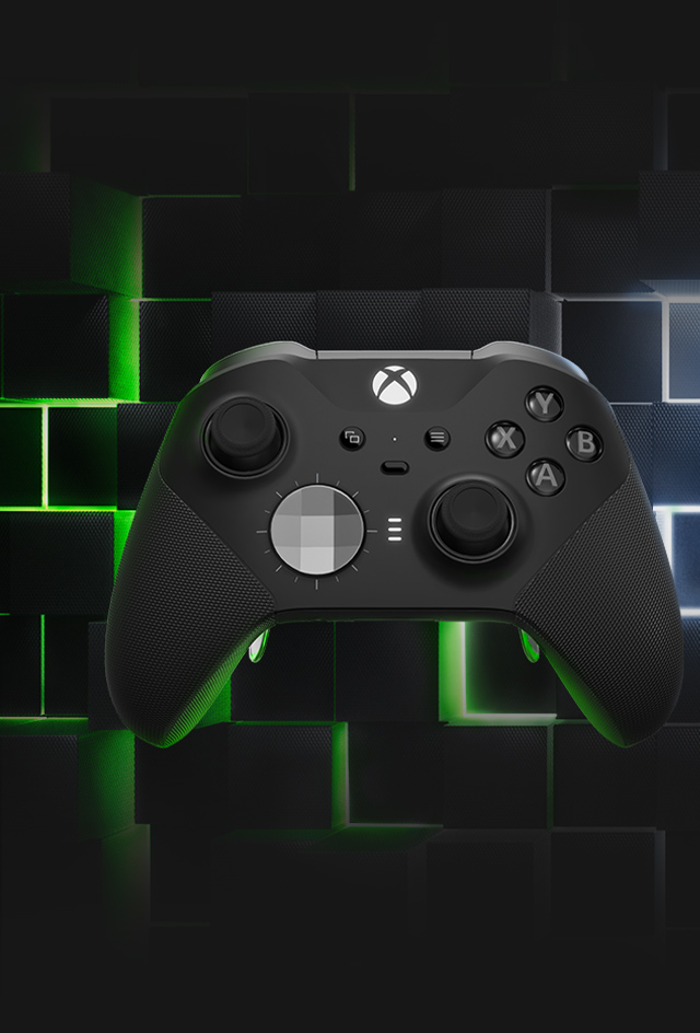 Xbox Elite Wireless Controller – Series 2 in Schwarz, vor einem leuchtenden Neon-Würfelmuster.