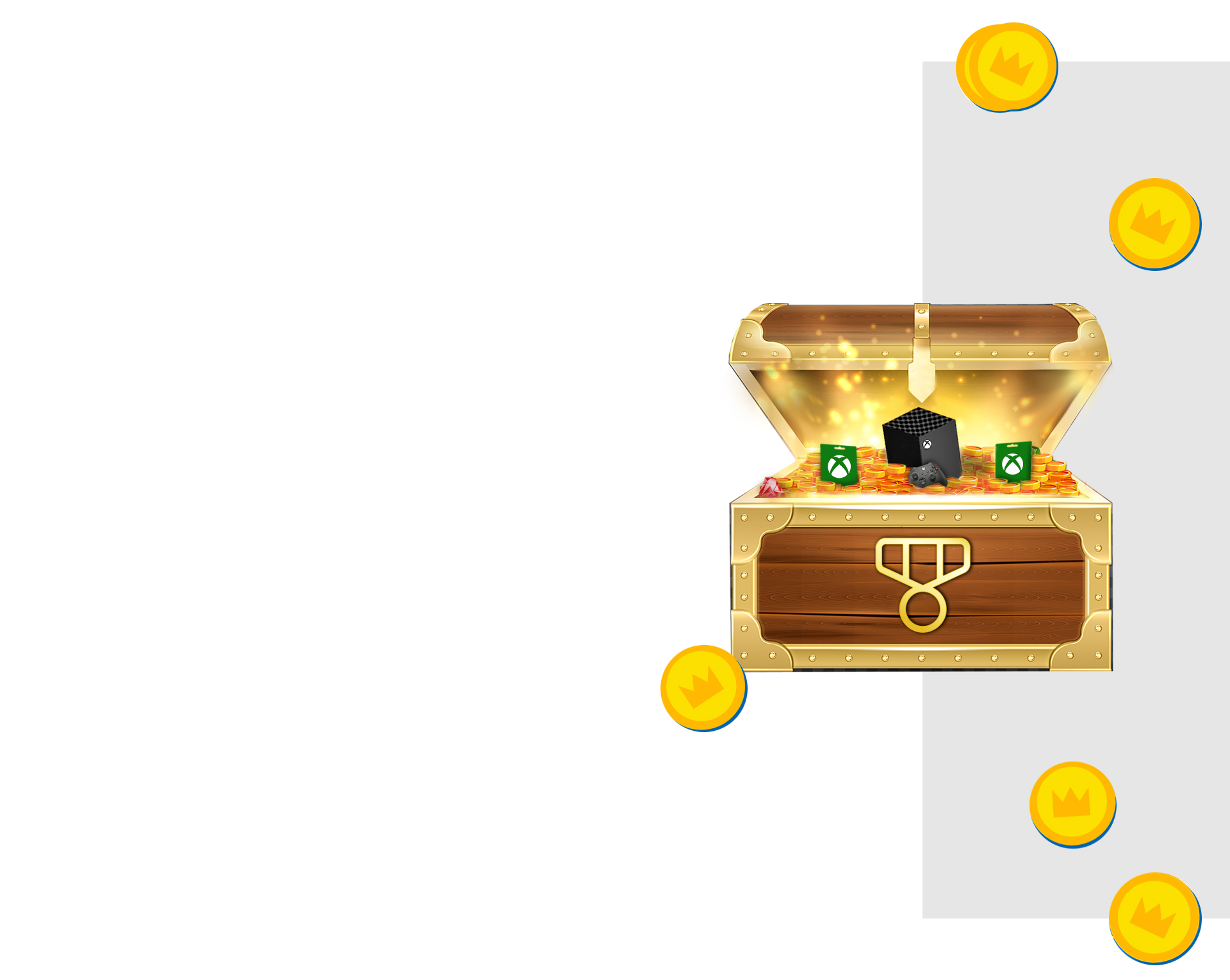 A treasure chest overflowing with coins, Xbox gift cards, an Xbox Series X console, and an Xbox controller