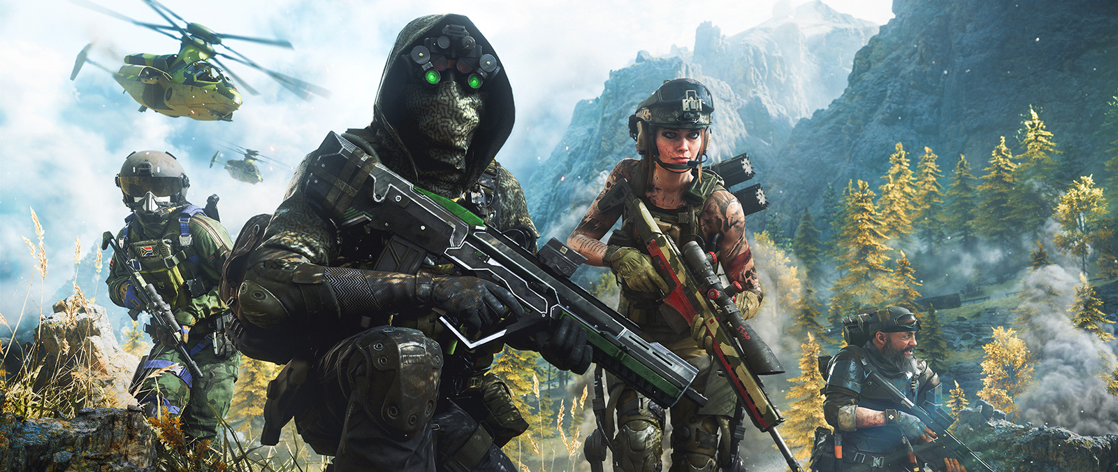 A crew in tactical gear crosses a forest landscape with explosions and a helicopter overhead.