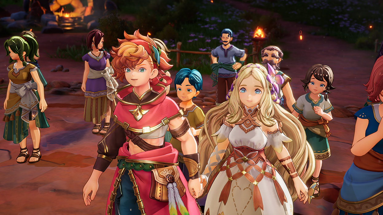Various fantasy characters stand together in a village.
