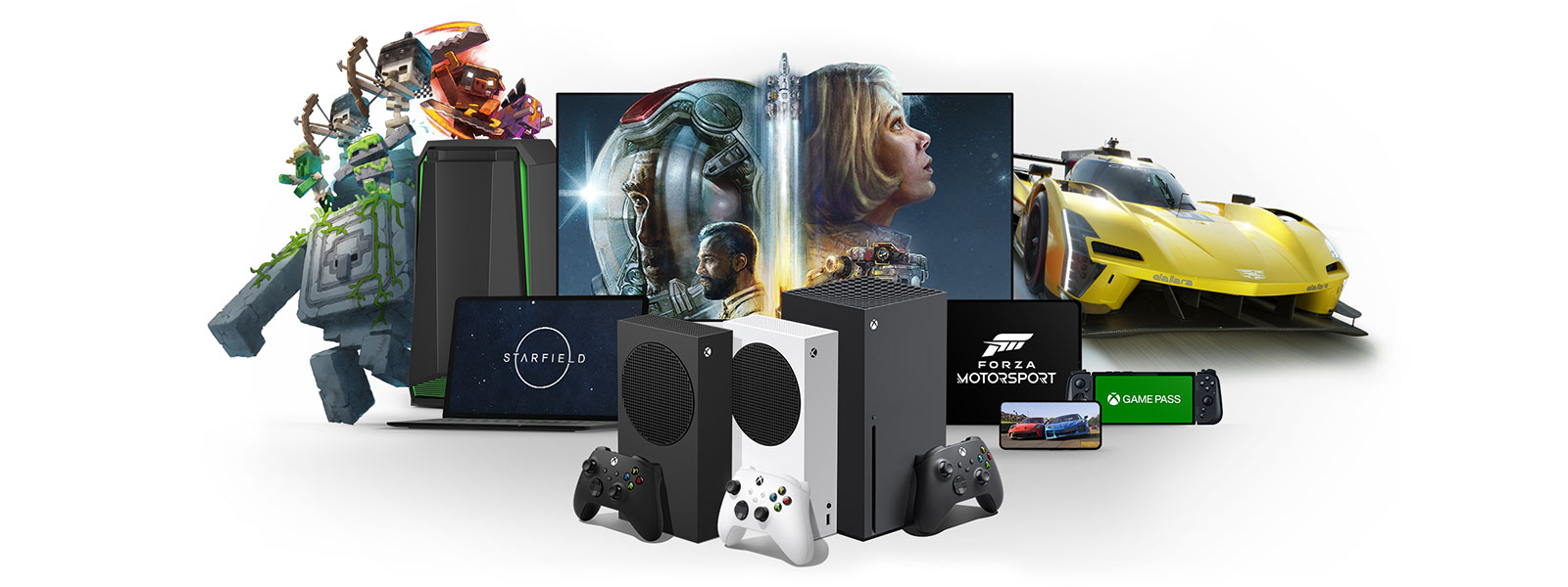 Xbox Series-Konsolen vor einem Fernseher, Laptop, Tablet und mobilen Geräten, auf denen Starfield, Forza Motorsport und Minecraft Dungeons zu sehen sind.