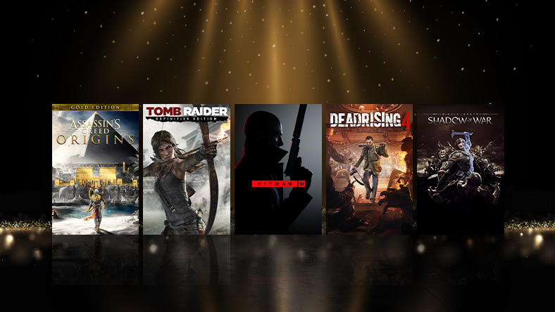 Box art from games that are part of the Achievement Hunter Sale, including Assassin’s Creed Origins, Hitman III, and Deadrising 4.