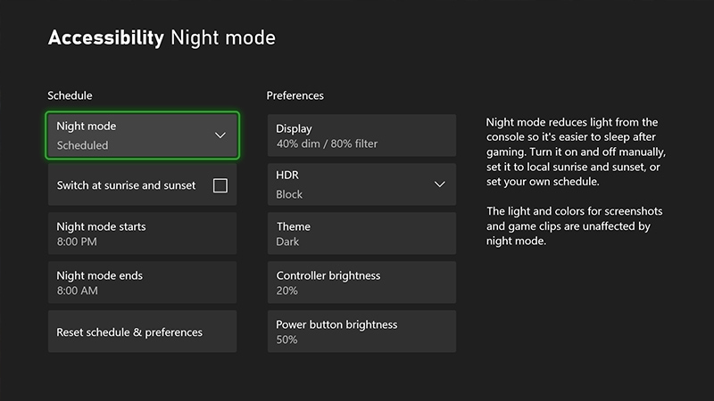 Screenshot of night mode options in the accessibility menu