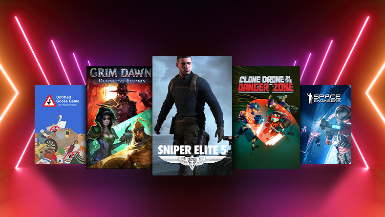 Box art from games that are part of the Essentials Sale, including Untitled Goose Game, Sniper Elite 5, and Space Engineers.