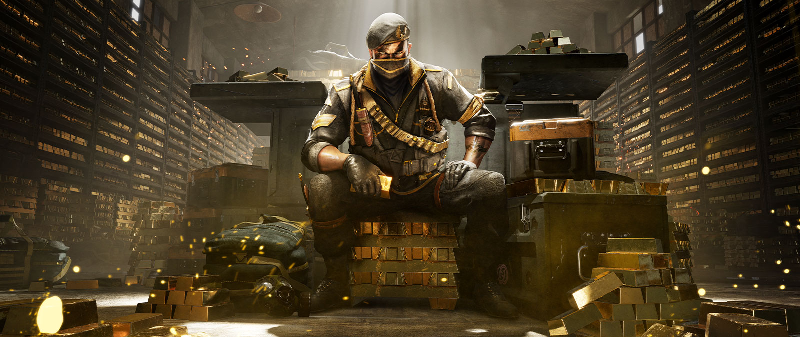 Um homem vestindo equipamento de combate está sentado em uma pilha de barras de ouro em um armazém cheio de barras de ouro.