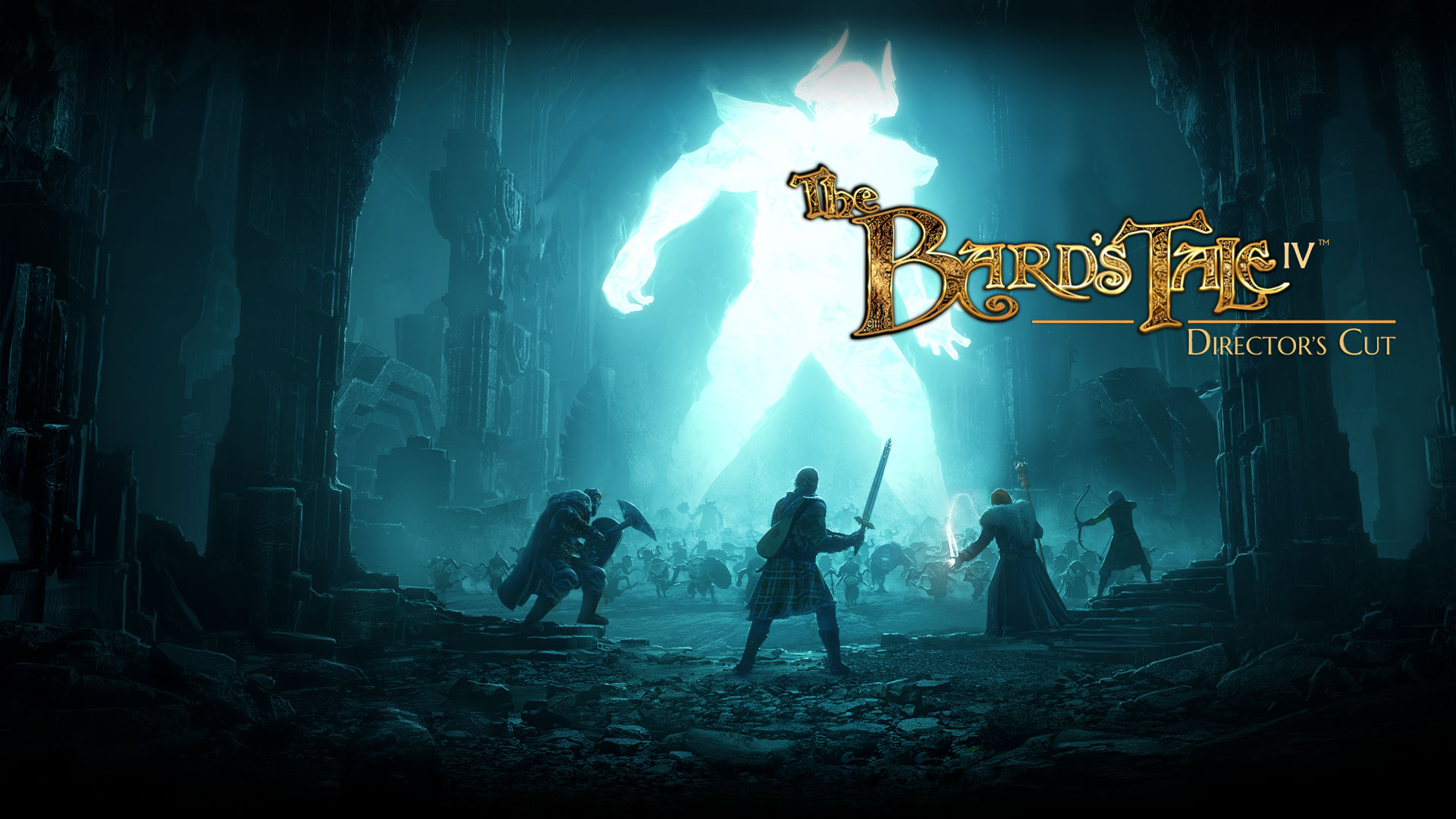 The Bard’s Tale IV: Director’s Cut. Many people fighting a giant glowing creature in a large room with rock pillars