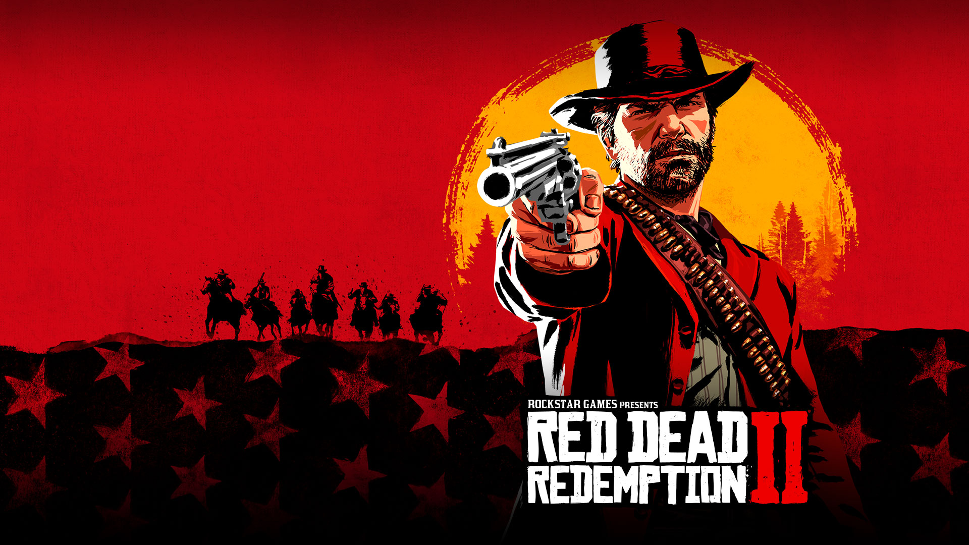 Rockstar Games präsentiert Red Dead Redemption 2, künstlerische Darstellung von Arthur Morgan mit Revolver in der Hand und Sonnenuntergang im Hintergrund.