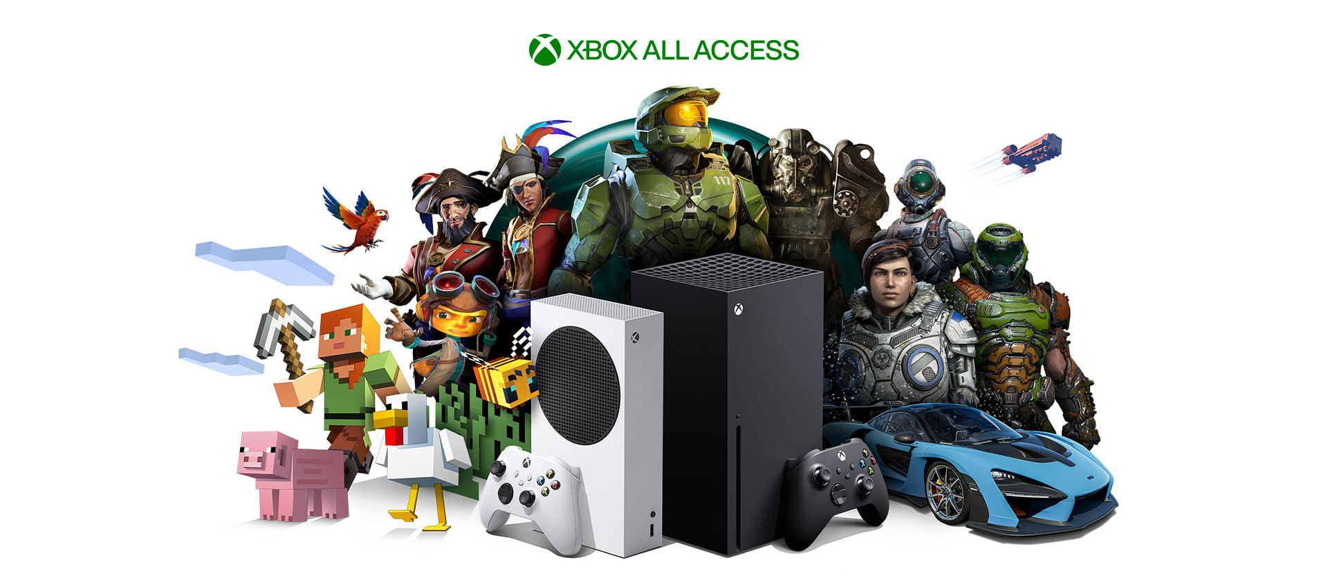 Xbox All Access, console Xbox Series X e Xbox Series S e alcuni personaggi di giochi per Xbox