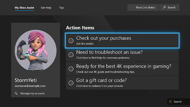 Zrzut ekranu pokazujący stronę pomocy technicznej Asystenta Xbox