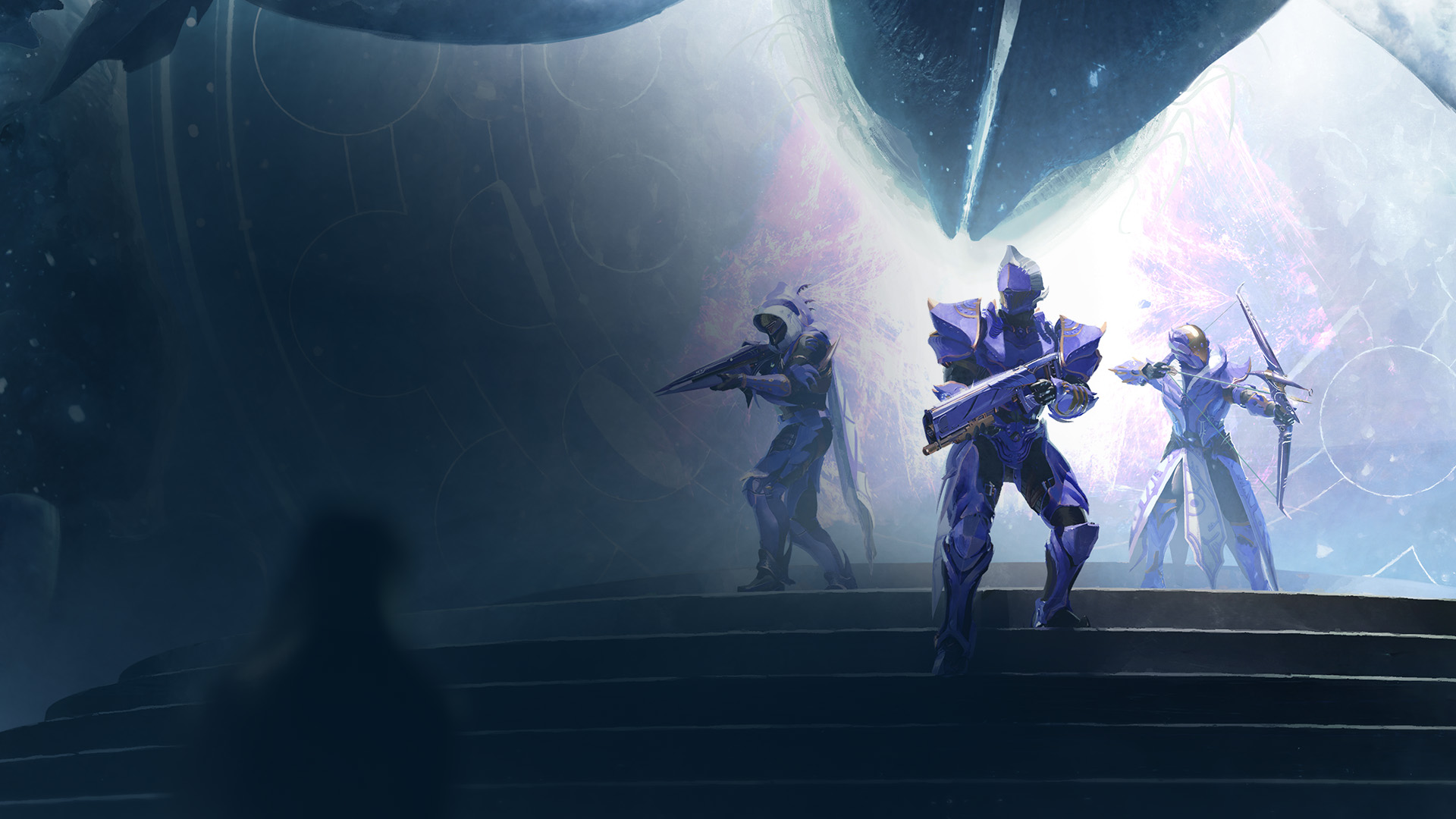 Three guardians move down a set of stairs with an open portal behind them.