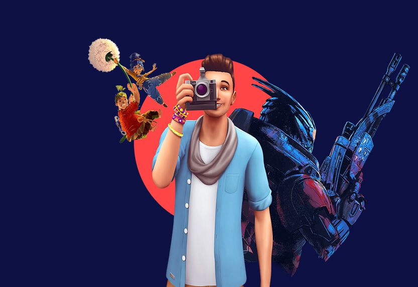 Character art from EA games including It Takes Two, The Sims 4, and Mass Effect Legendary Edition.