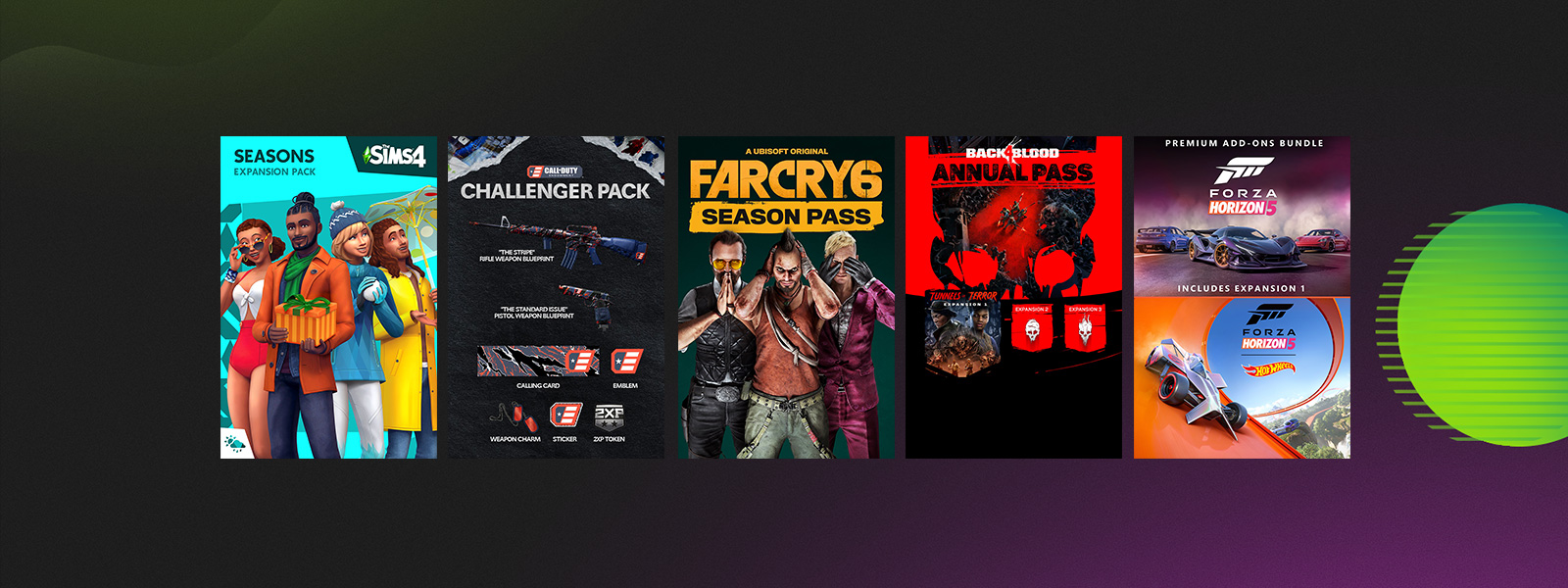 Box art from games that are part of the Ultimate Game Sale Add-on Sale, including The Sims 4 Seasons Expansion Pack, Far Cry 6 Season Pass, and Forza Horizon 5 Premium Add-ons Bundle.