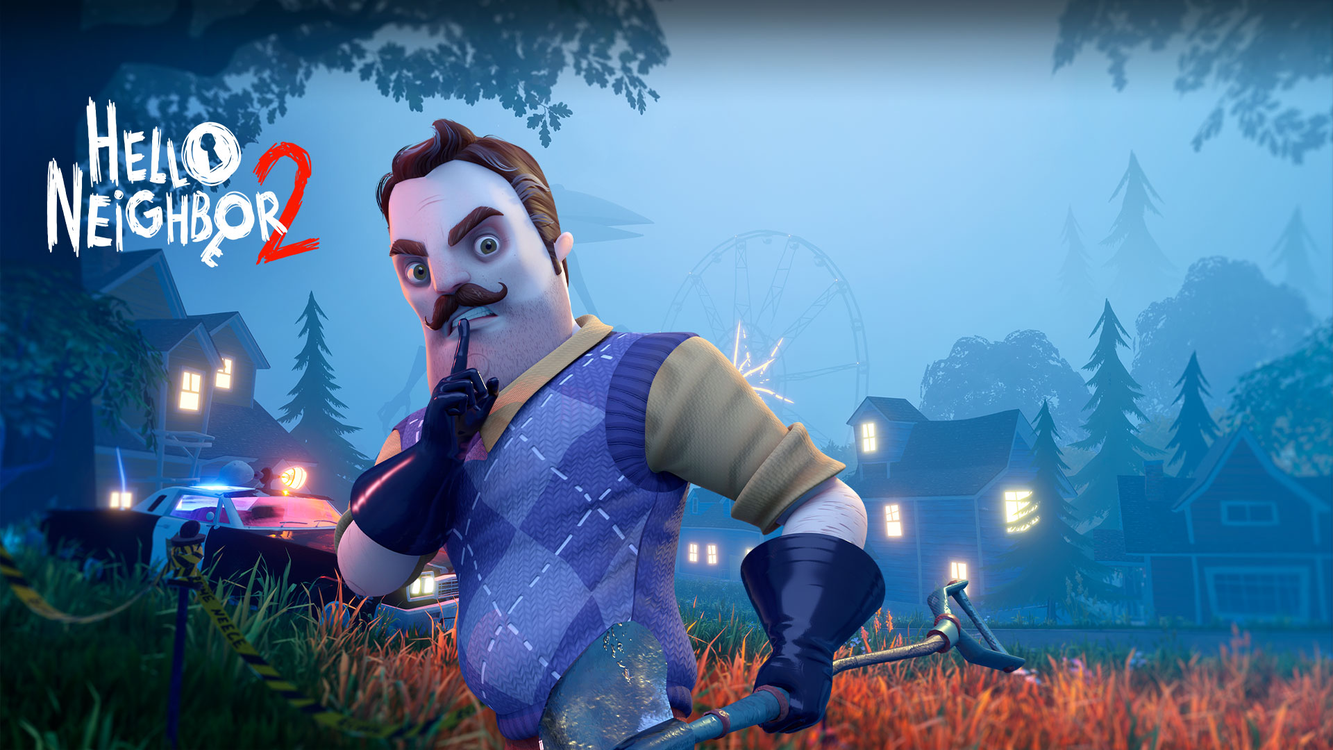 Hello Neighbor 2 játék: Mr. Peterson ujját a szájához tartja, a háttérben egy ködös város látható. 