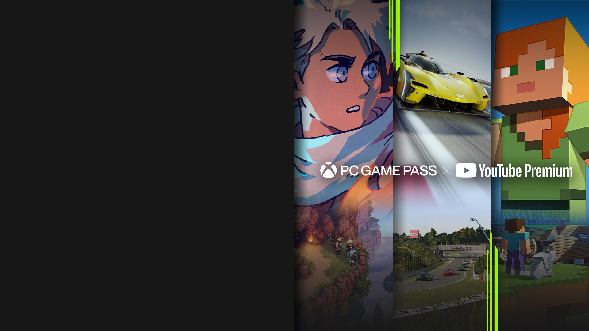 Halo Infinite, Sea of Stars, PAYDAY 3, Forza Motorsport 및 Minecraft 등 PC Game Pass로 이용할 수 있는 여러 게임 위에 PC Game Pass 로고 및 YouTube Premium 로고가 표시됩니다.