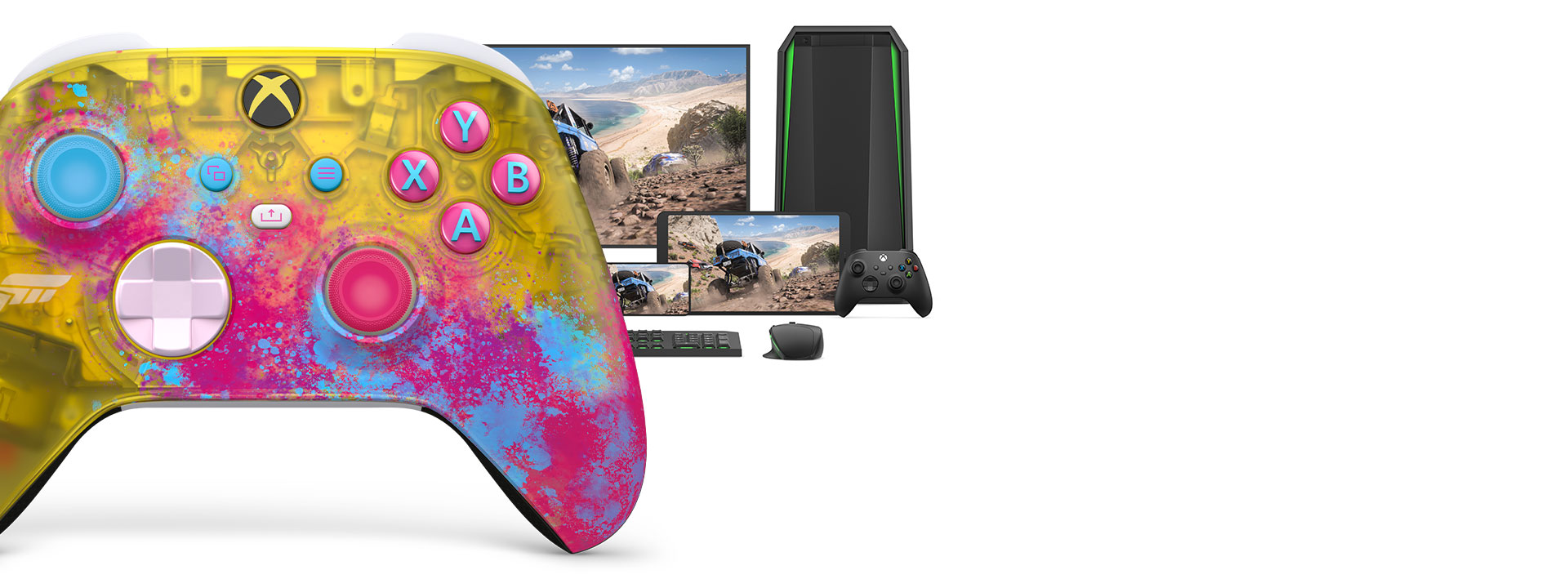 Xbox Wireless Controller Forza Horizon 5 mit einem Computer, einem Fernseher und einer Xbox Series S