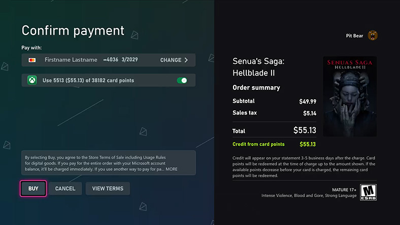 Pre-order screen on xbox console showing the option to buy with Xbox Mastercard points