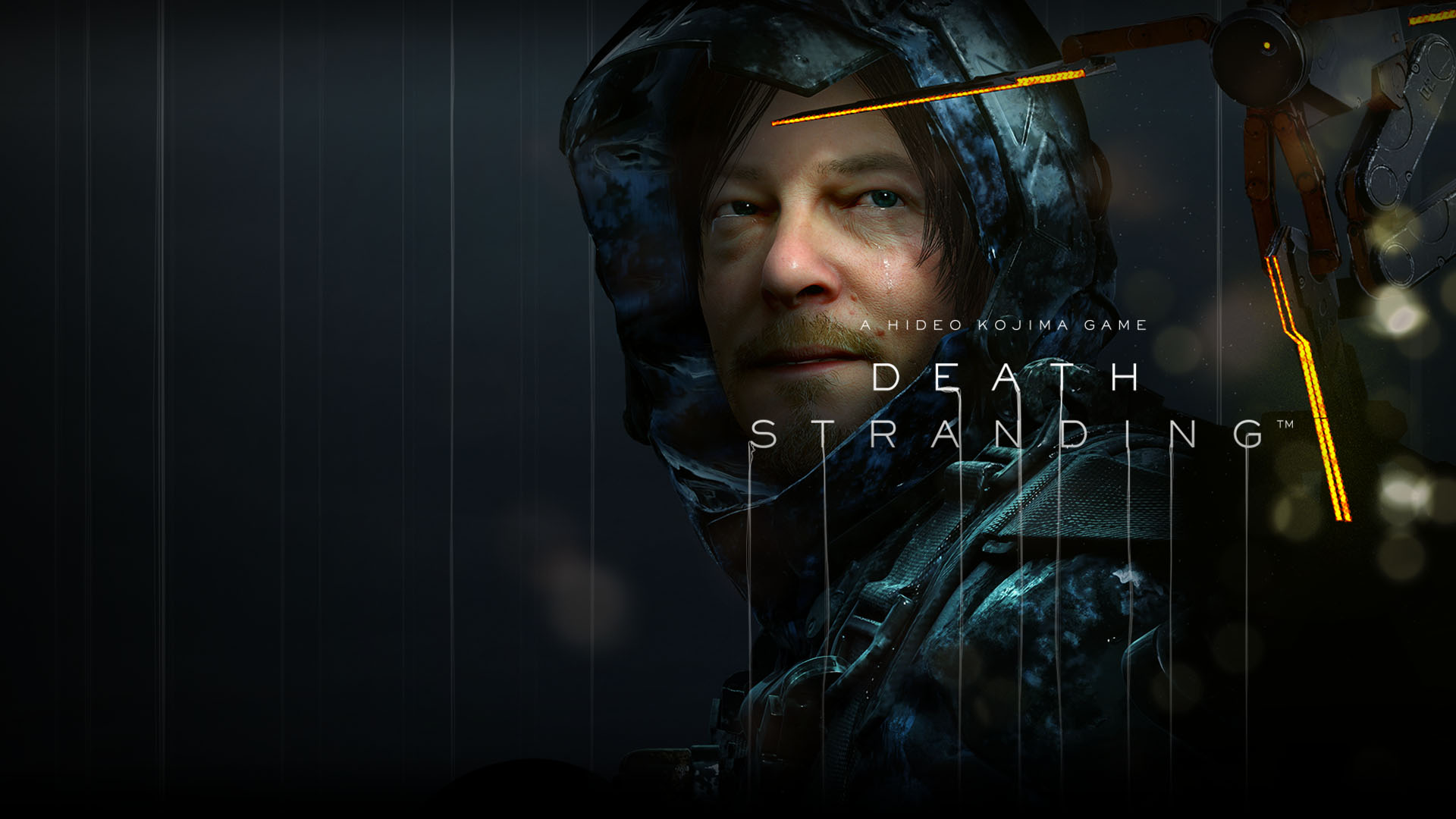 Death Stranding, un jeu de Hideo Kojima. Portant un imperméable, Sam regarde par-dessus son épaule.