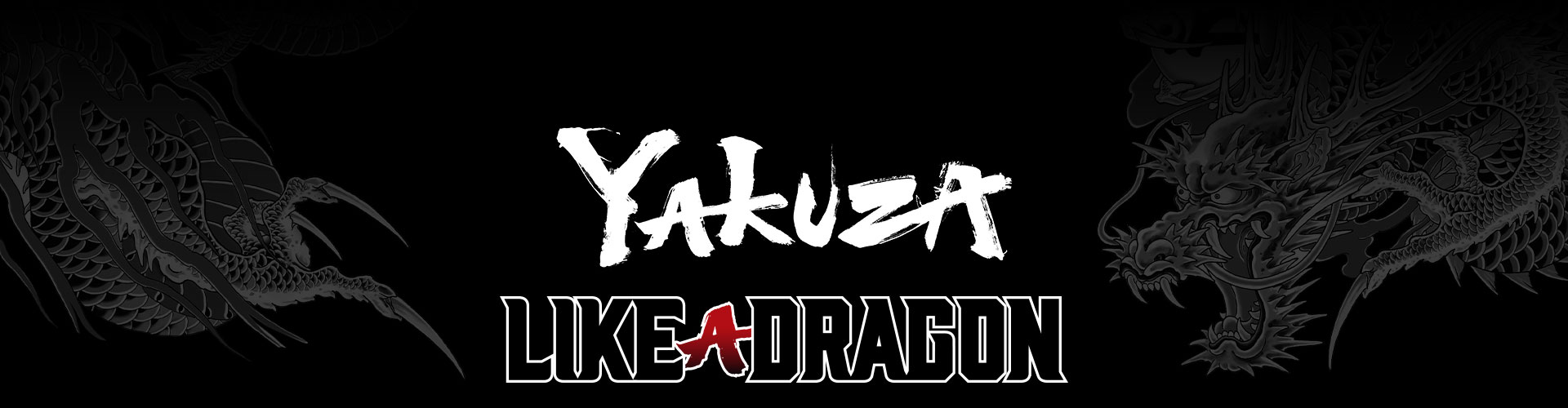 Logotipo da franquia Yakuza Like a Dragon com um fundo estilizado de tatuagem de dragão cinza.