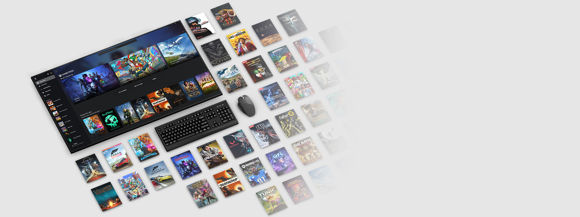 PC Game Pass Ultimate 圍繞電腦顯示器、鍵盤和滑鼠提供多款遊戲藝術。