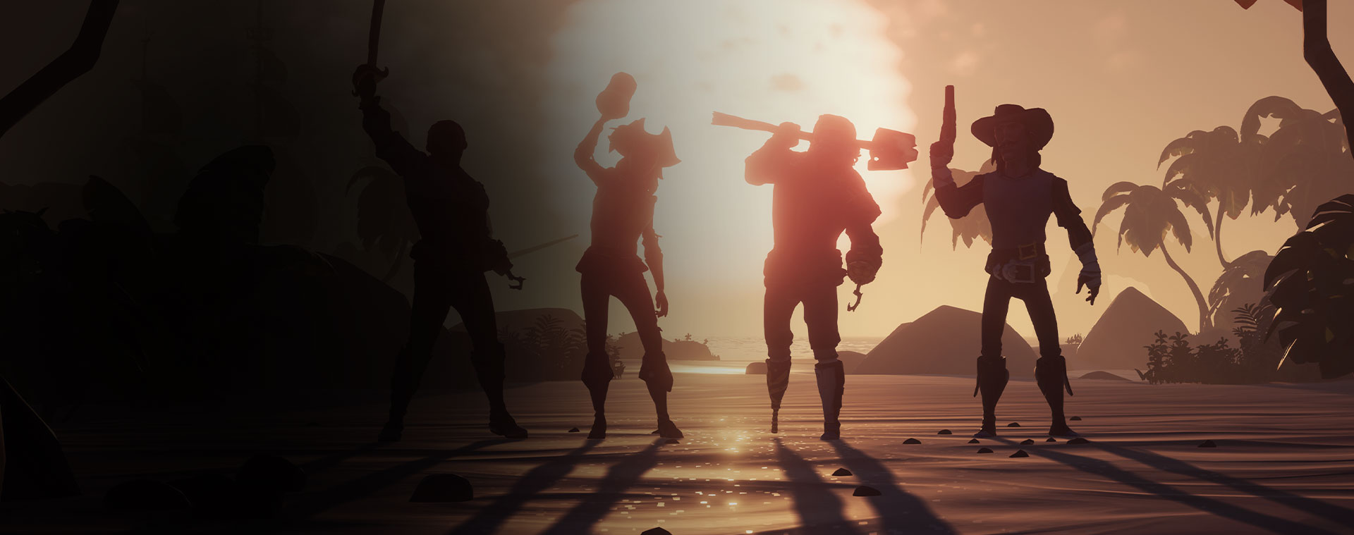 Quatrro personagens de Sea of Thieves posando em frente ao sol se pondo