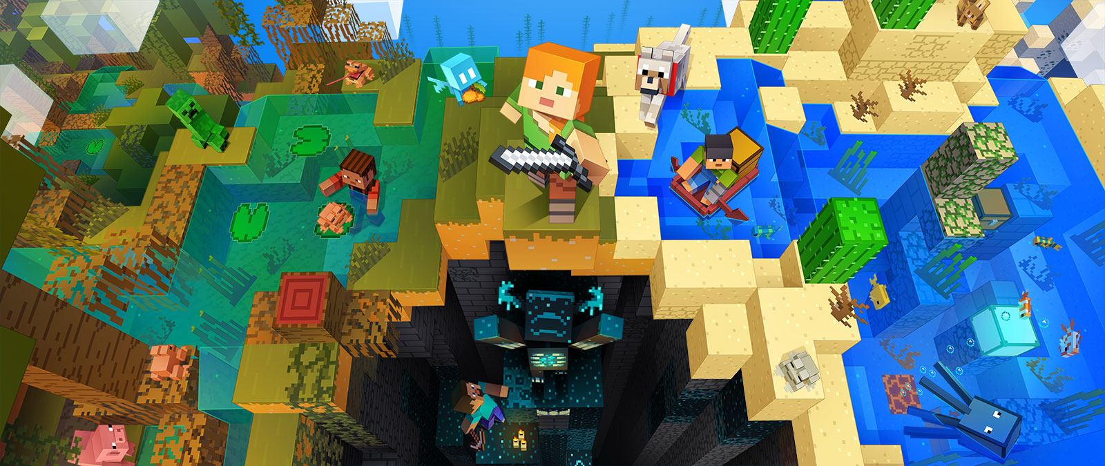 Minecraftin hahmoja tekemässä erilaisia toimia Minecraftissa