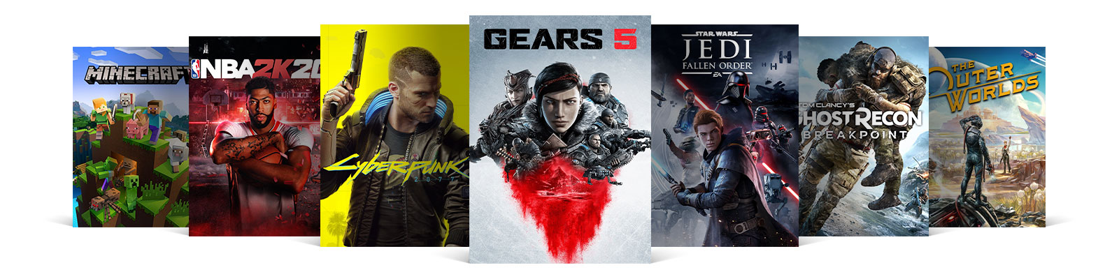 Minecraft, NBA 2K20, Cyberpunk, Gears 5, Star Wars Jedi Order, Ghost Recon, and Outerworlds box shots