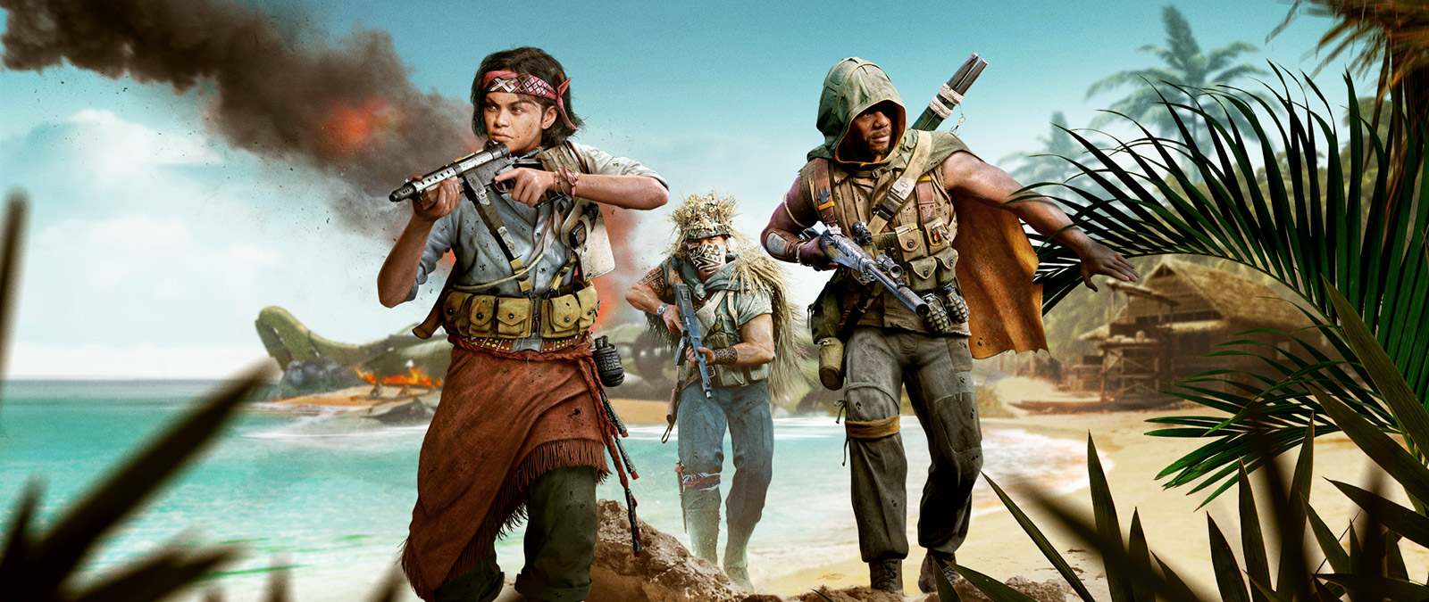 Three characters on a beach shore with weapons and a crashed plane
