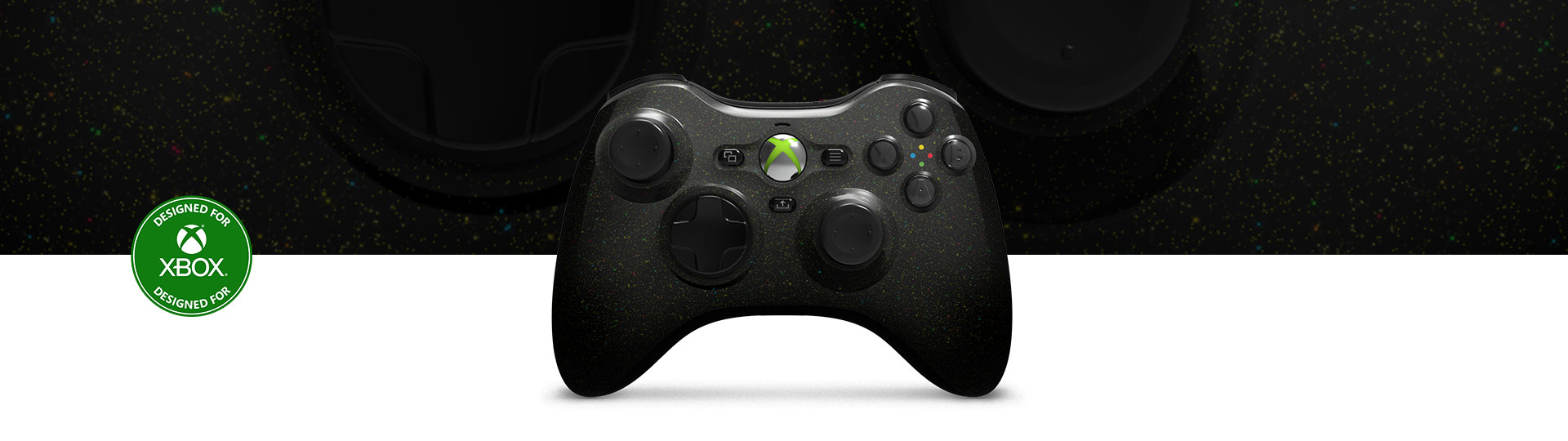 Designed for Xbox seal, Front view of the Hyperkin Xenon Wired Controller for Xbox - Cosmic Night with close-up view in the background.