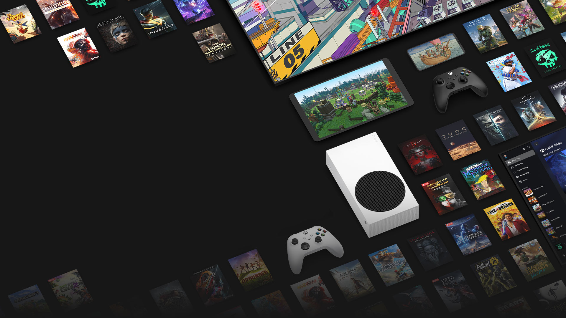 Imágenes de varios juegos disponibles ahora con Xbox Game Pass Ultimate rodean varios dispositivos, incluidos una consola, una PC, una tableta y un televisor inteligente.