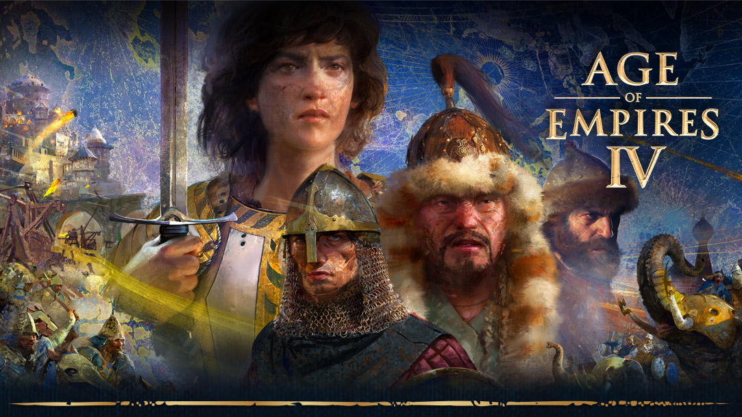 Age of Empires IV. Čtyři postavy, kolem kterých jsou válečné výjevy, sloni a válečníci na koních, a na pozadí je mapa.