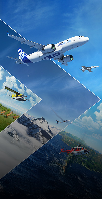 Microsoft flight sim, vier vliegtuigen en een helikopter die in de lucht vliegen