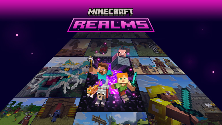 Minecraft Realms Plus, postaci z gry Minecraft wychodzące z portalu Nether. Obok portalu znajdują się inne grafiki z pudełek gier.