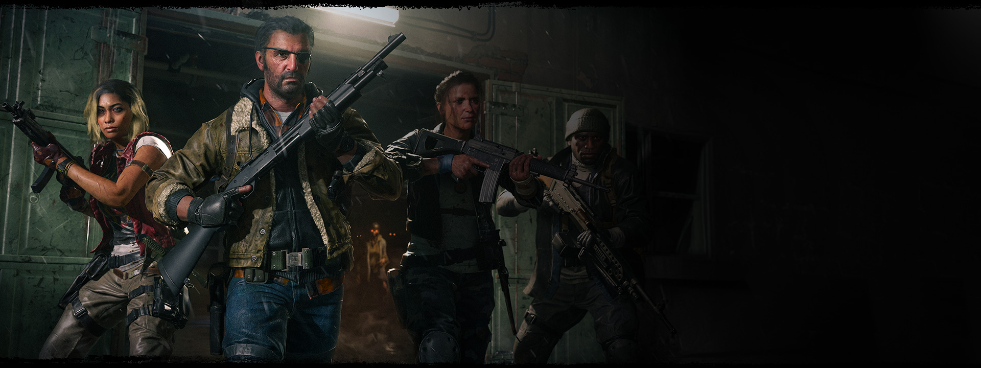 Four characters exiting a warehouse with their guns raised as a zombie stands behind them with glowing orange eyes.