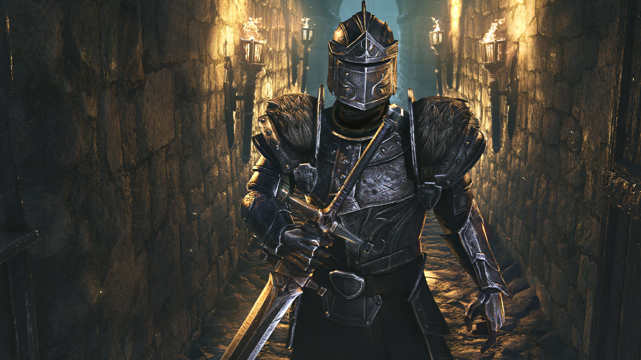 A knight in metal armor with fur covered pauldrons proceeds down a path enclosed on both sides by castle walls
