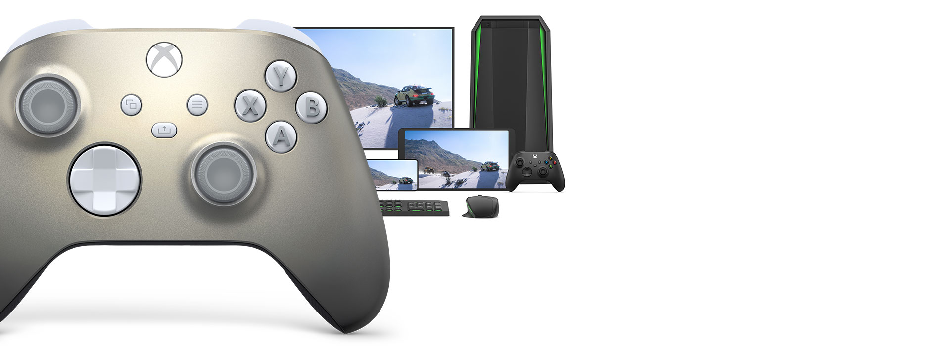 Bezdrátový ovladač pro Xbox – Lunar Shift Special Edition s počítačem, televizí a konzolí Xbox Series S.