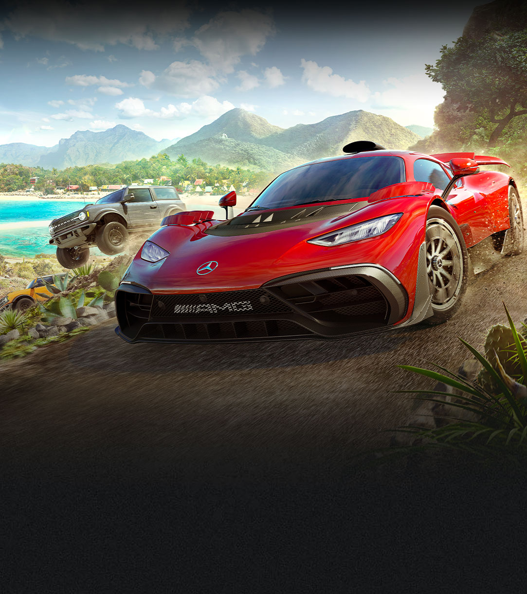 Cars from Forza Horizon 5 moving fast through a dirt track by water and many plants.