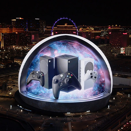 Xbox Series X|S with controllers being displayed on the Vegas sphere