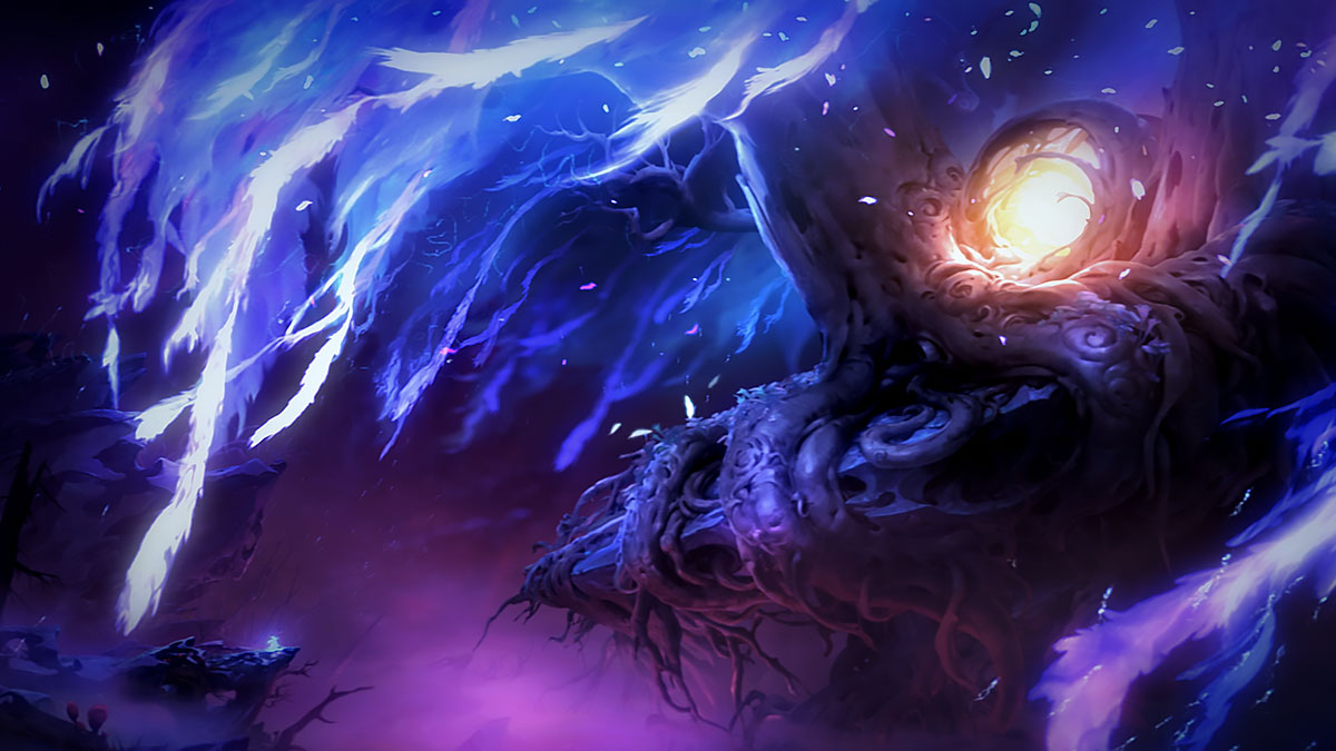 Ori and the Will of the Wisps, un árbol brillante en un bosque oscuro