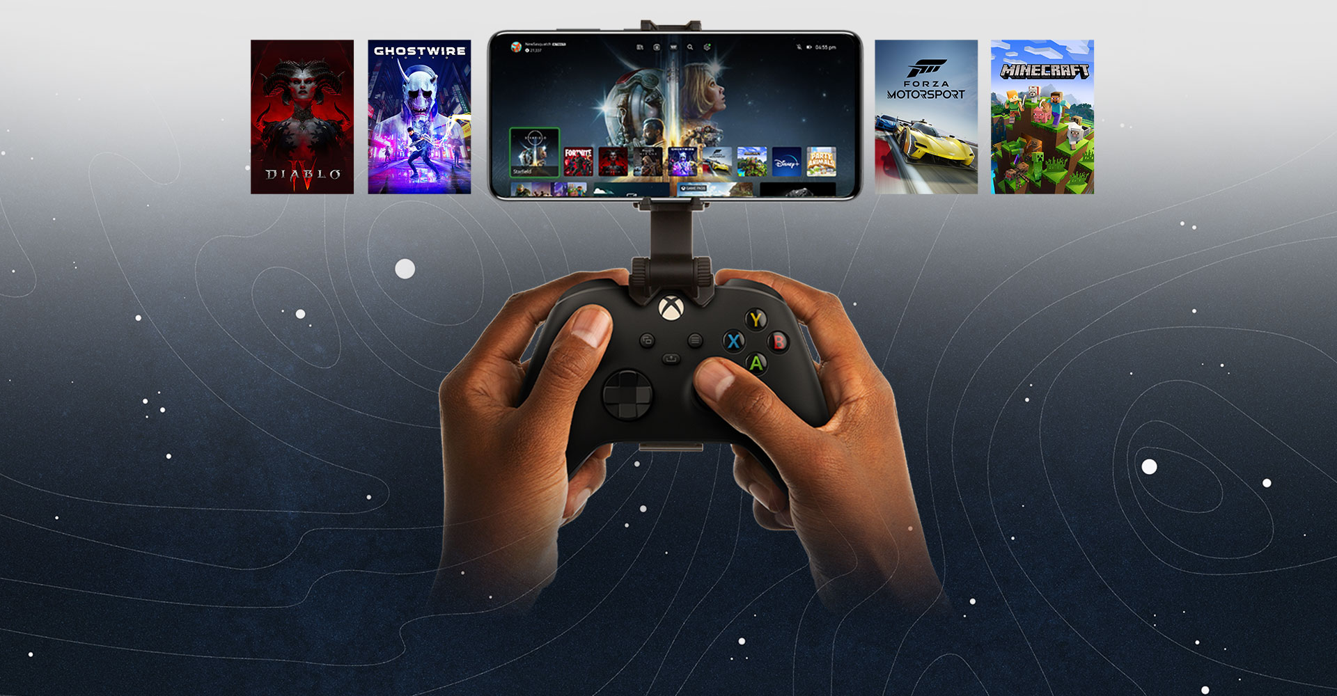 Mobilní zařízení připnuté k ovladači pro Xbox a zobrazující nabídku titulů pro hraní. Svět Halo Infinite se rozpíná za hranice telefonu.