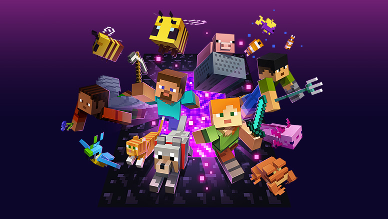 Steve, Alex och olika Minecraft-mobbar kommer ut ur en Nether-portal.