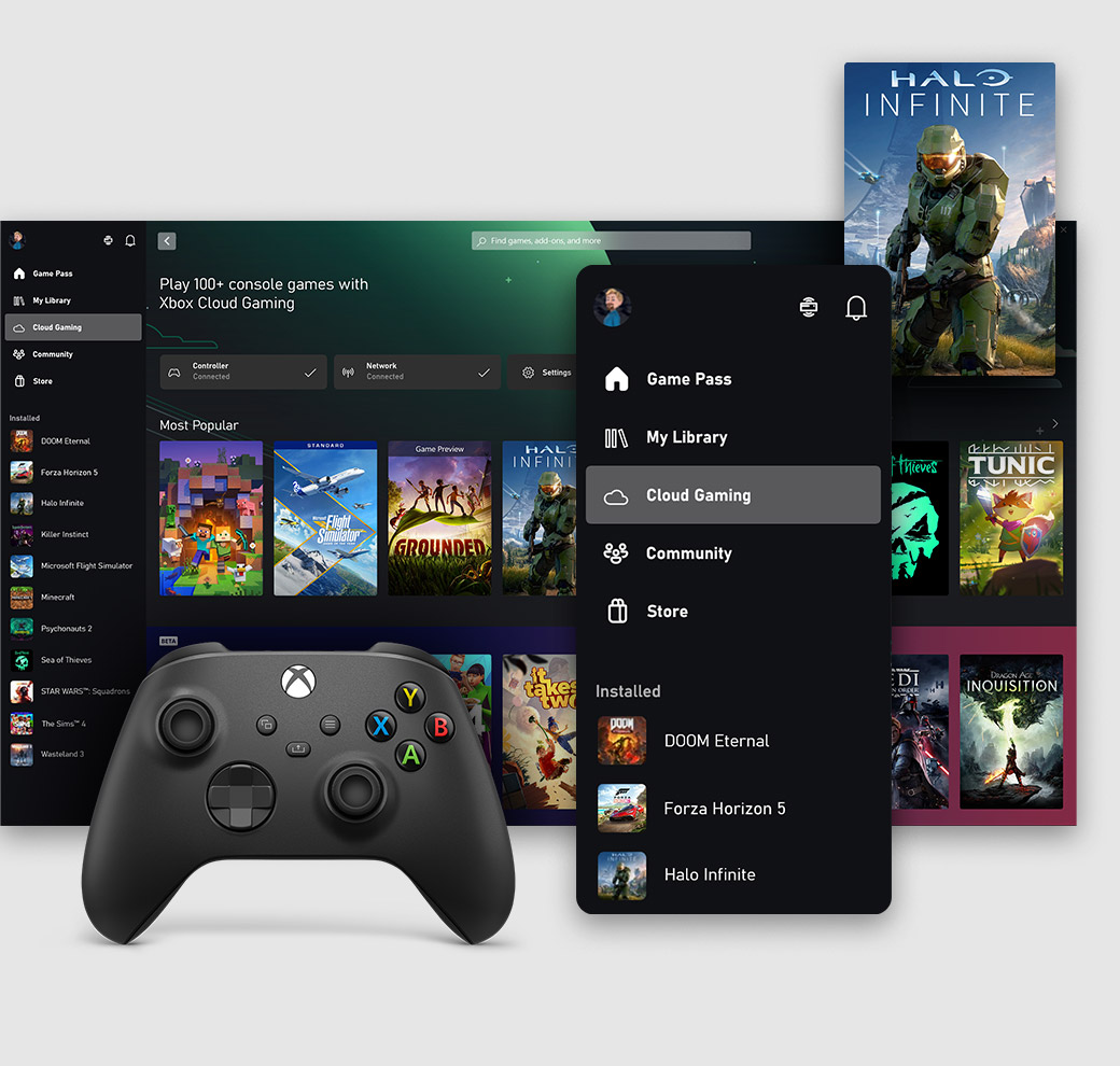 تطبيق Xbox لواجهة مستخدم Windows PC التي تعرض علامة تبويب الألعاب السحابية