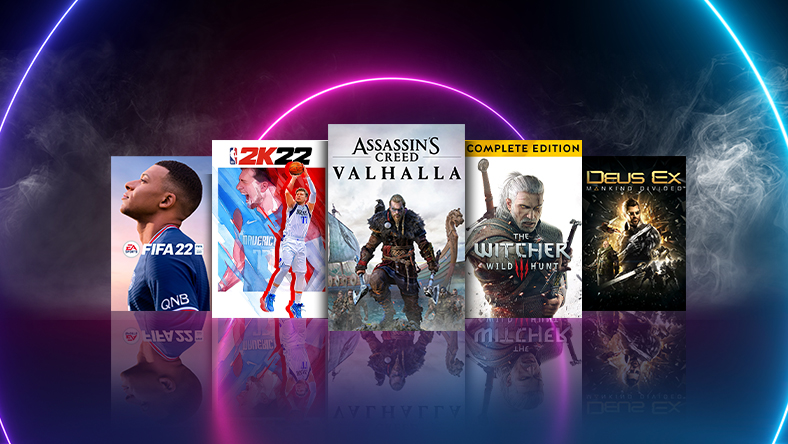 Box art from games that are part of the Super Saver Sale, including FIFA 22, Assassin’s Creed Valhalla, and Deus Ex: Mankind Divided.