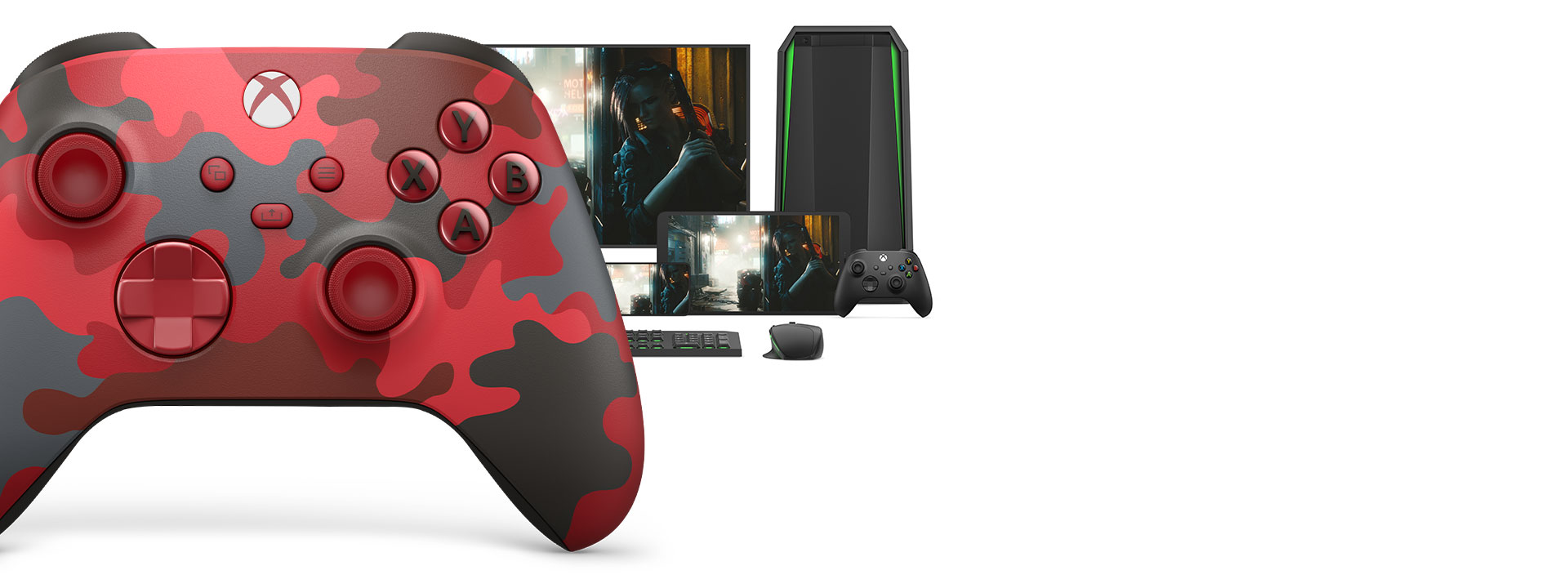 Trådløs Xbox-controller Daystrike Camo med en computer, tv og mobilenheder